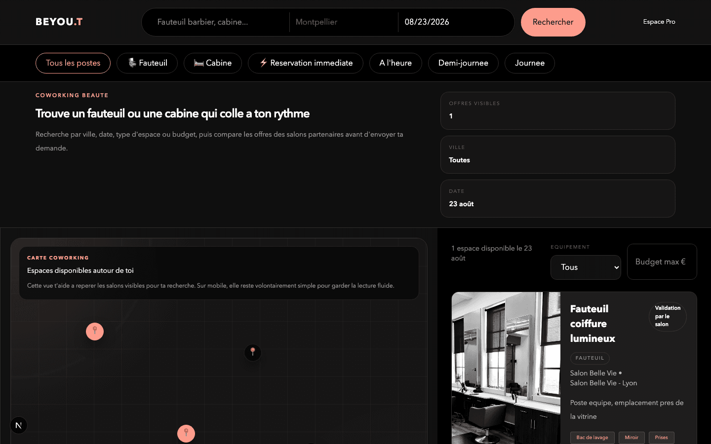 Recherche coworking BeYou.T : carte et fiche d'annonce de fauteuil