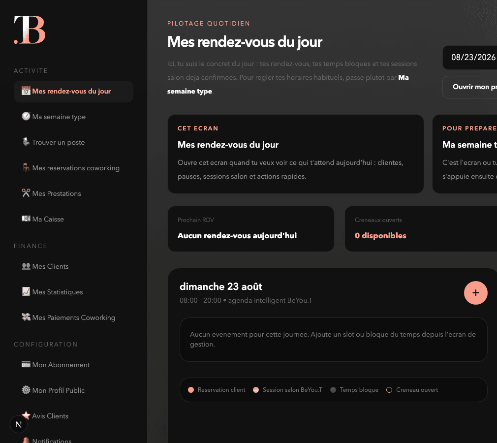 Agenda d'un professionnel indépendant sur BeYou.T