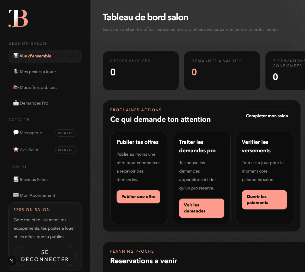 Tableau de bord salon BeYou.T : offres publiées, demandes à valider, revenus encaissés